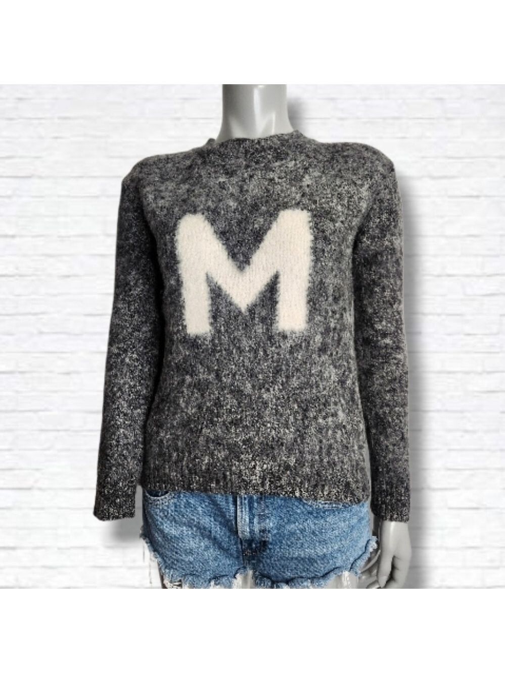 Mila Owen Grey Crewneck "M" Initial Wool Knit Sweater Size S